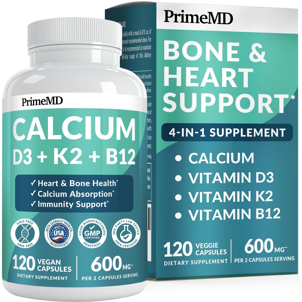 4-en-1 Suppléments de calcium pour les femmes et les hommes - Calcium avec vitamine D3 K2 5000 UI, 601mg par portion - Sans gluten, Vegan-Amis (120 ct)