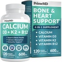 4-en-1 Suppléments de calcium pour les femmes et les hommes - Calcium avec vitamine D3 K2 5000 UI, 601mg par portion - Sans gluten, Vegan-Amis (120 ct)