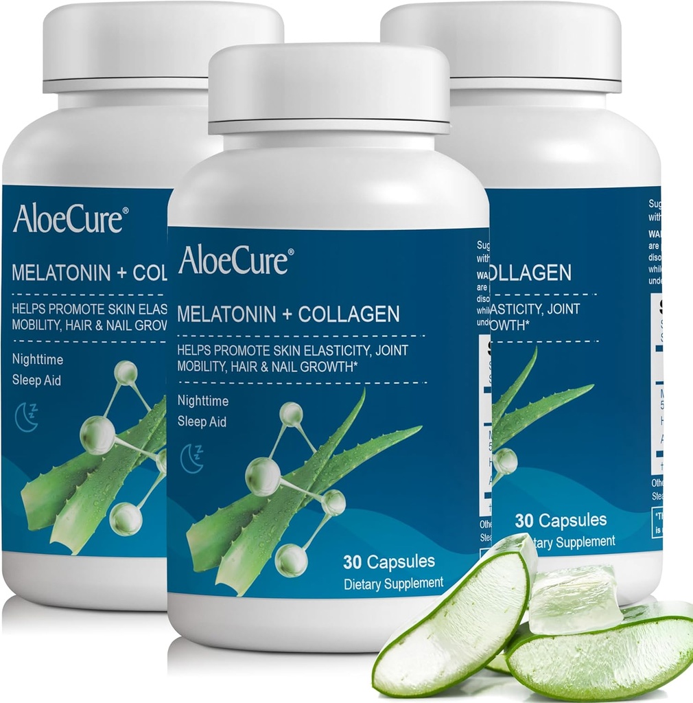 AloeCure Melatonine naturelle + collagène avec Aloe Vera biologique - Supplément d'aide au sommeil naturel pour les nuits reposées - Collagène complexe pour la force articulaire, l'élasticité cutanée, la croissance des cheveux et des ongles, 30 capsules