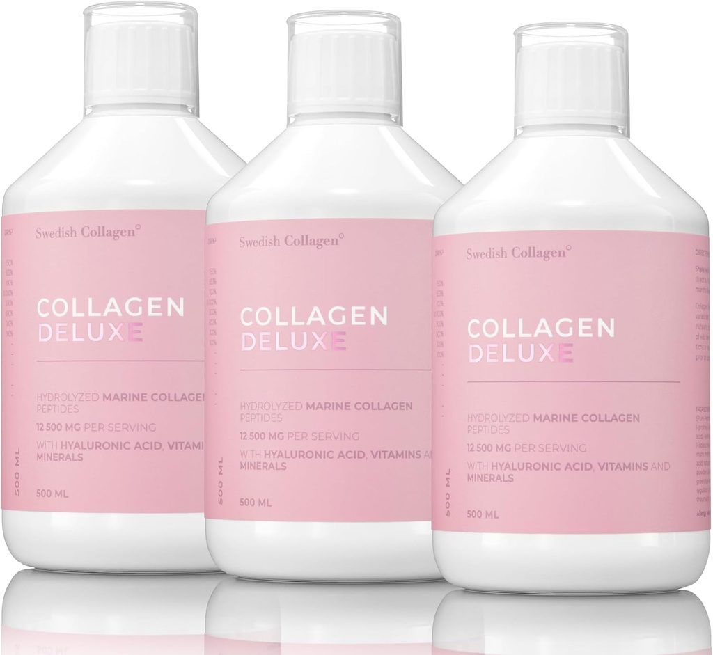 Collagène Deluxe 500ml x 3 I 8 semaines Ensemble I 12500 mg Collagène marin (type I et III) I Acide hyaluronique, biotine, vitamine C I Sans sucre - 8 semaines