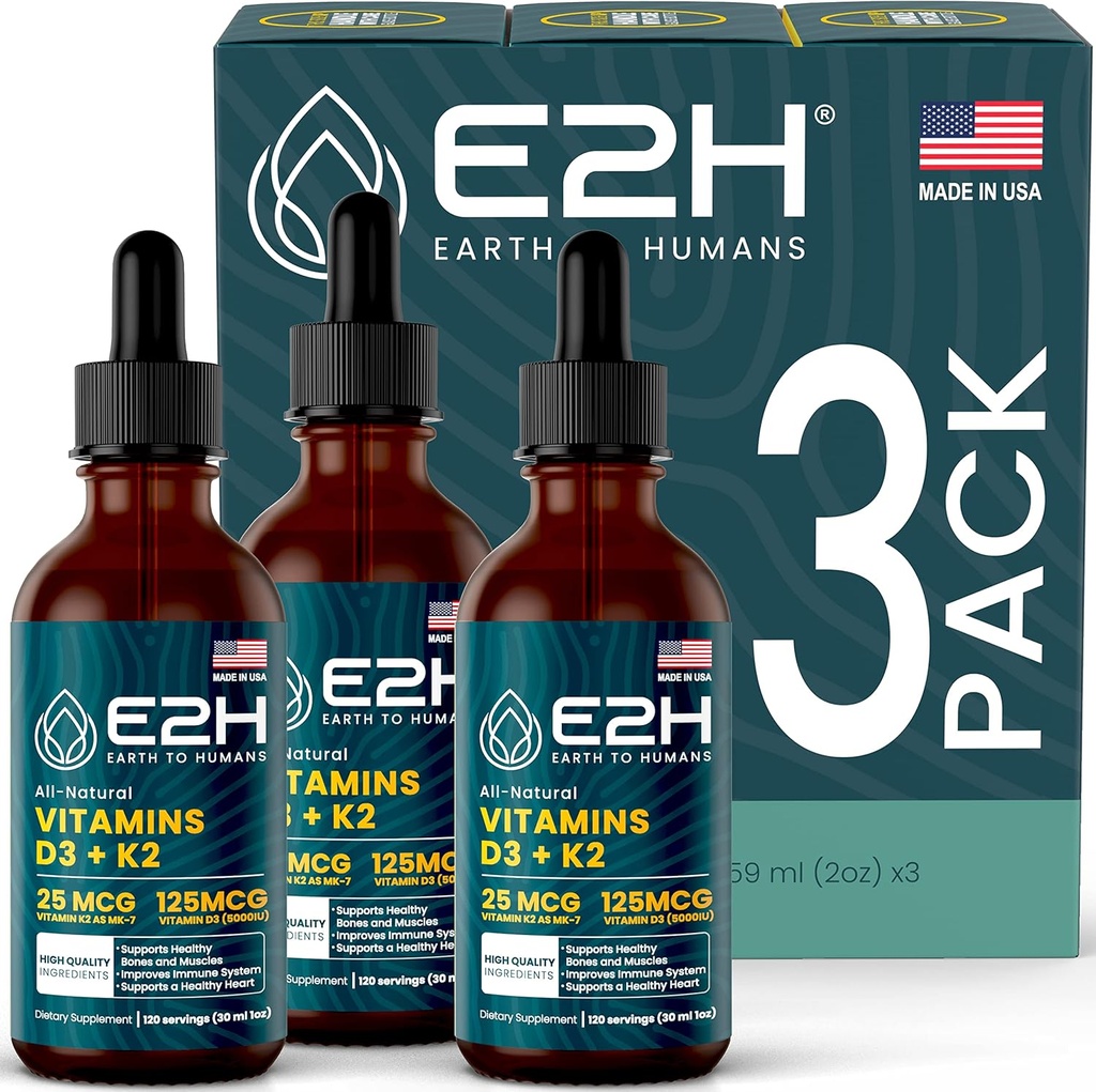 E2H EARTH TO HUMANS Vitamine D3 & K2 Supplément pour le support immunitaire - Vitamine liquide D3 5000 UI - Fabriqué aux États-Unis , non-OGM, végétalien - (3 bouteilles)