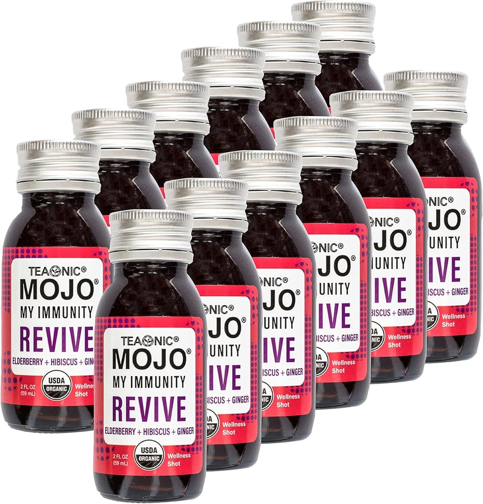 TÉOANIQUE Mon immunité Mojo: Revive, jus à base de plantes, supplément à base de plantes avec la mûre aînée, Hibiscus et Ginger, biologique certifié USDA, végétalien, sans gluten, 12 paquets, 2 Fl. Oz Chaque