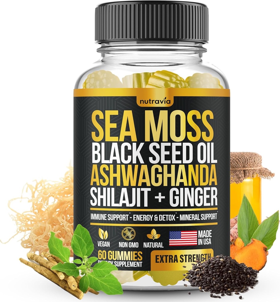 Mousse de mer, Huile de graines noires, Ashwagandha, Ginger, Shilajit Gummies avec Elderberry, Chlorophylle, Turmeric Bladderwrack Sea Gummies Formule de force avancée - Tous en 1 bloc - États-Unis Made (60 Gummies)