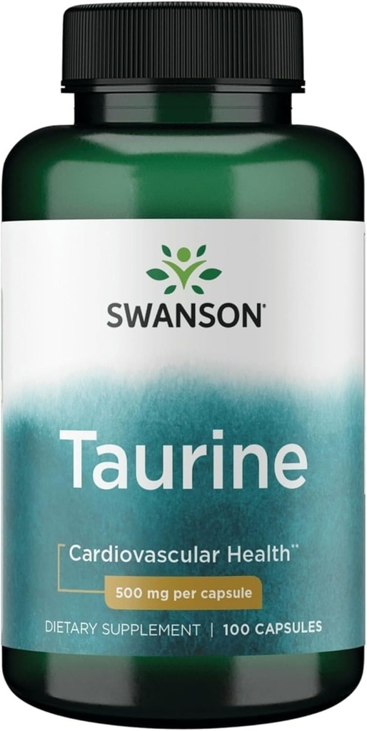 Swanson Taurine - Supplément à l'acide aminé Promouvoir la production d'énergie et l'équilibre électrolytique - Formule naturelle appuyant la santé cardiaque et le mieux-être - (100 capsules, 500mg chacune)