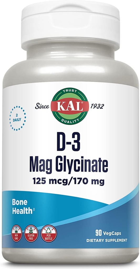 KAL Vitamine D3 & Magnésium Glycinate, Formule d'absorption améliorée avec BioPerine, Muscle & Bone Health Support, Immune Support & More, Non-OGM, Sans gluten, 45 portions, 90 VegCaps