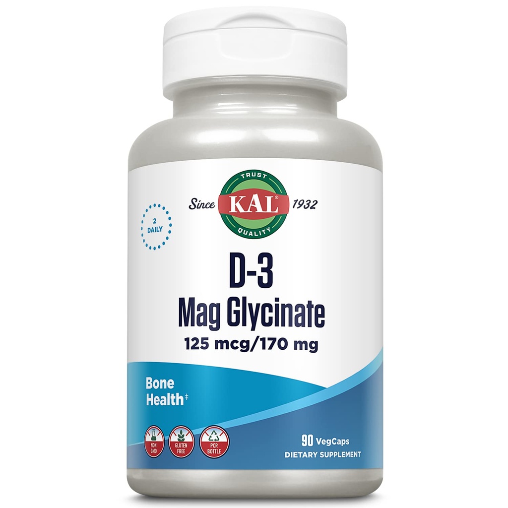 KAL Vitamine D3 & Magnésium Glycinate, Formule d'absorption améliorée avec BioPerine, Muscle & Bone Health Support, Immune Support & More, Non-OGM, Sans gluten, 45 portions, 90 VegCaps