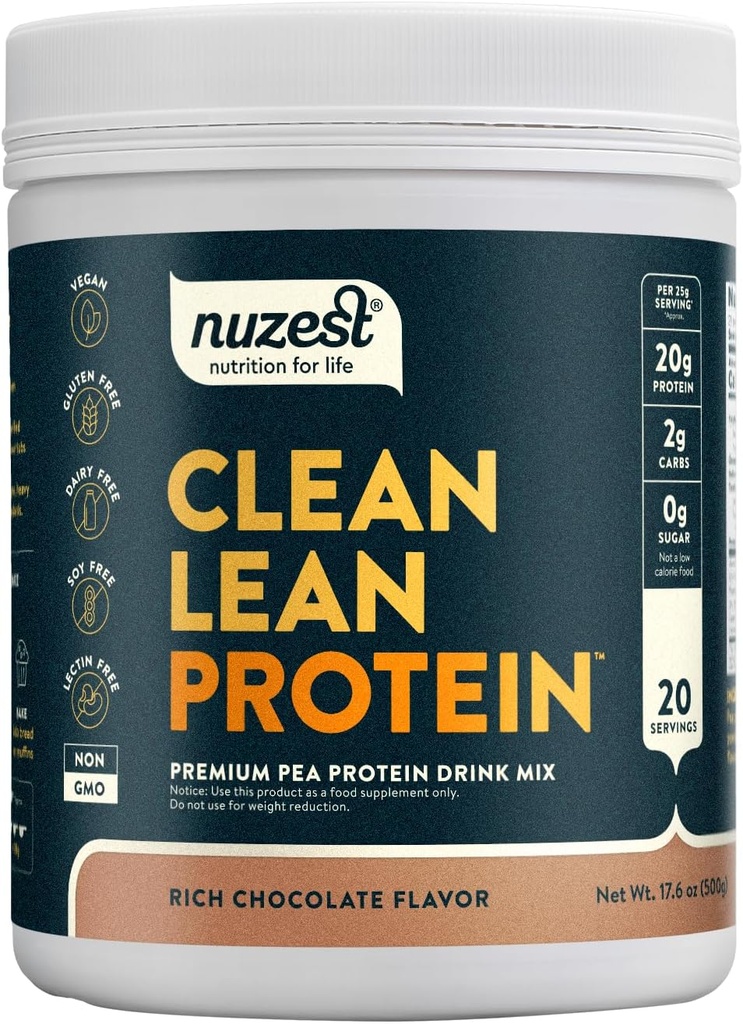 Nuzest - Poudre de protéines de pois - Protéines propres, Poudre de protéines à base végétale premium, Sans lait, Sans gluten, Sans OGM, Agiter les protéines, Chocolat riche, 20 portions, 1,1 lb