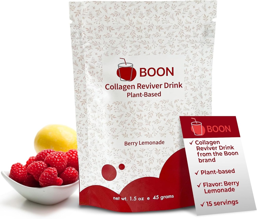 Boon Collagen Reviver Drink – supplément de collagène à base végétale pour belle peau et radiante – poudre de collagène biologique, végétalien – Berry Lemonade Saveur, 15 portions