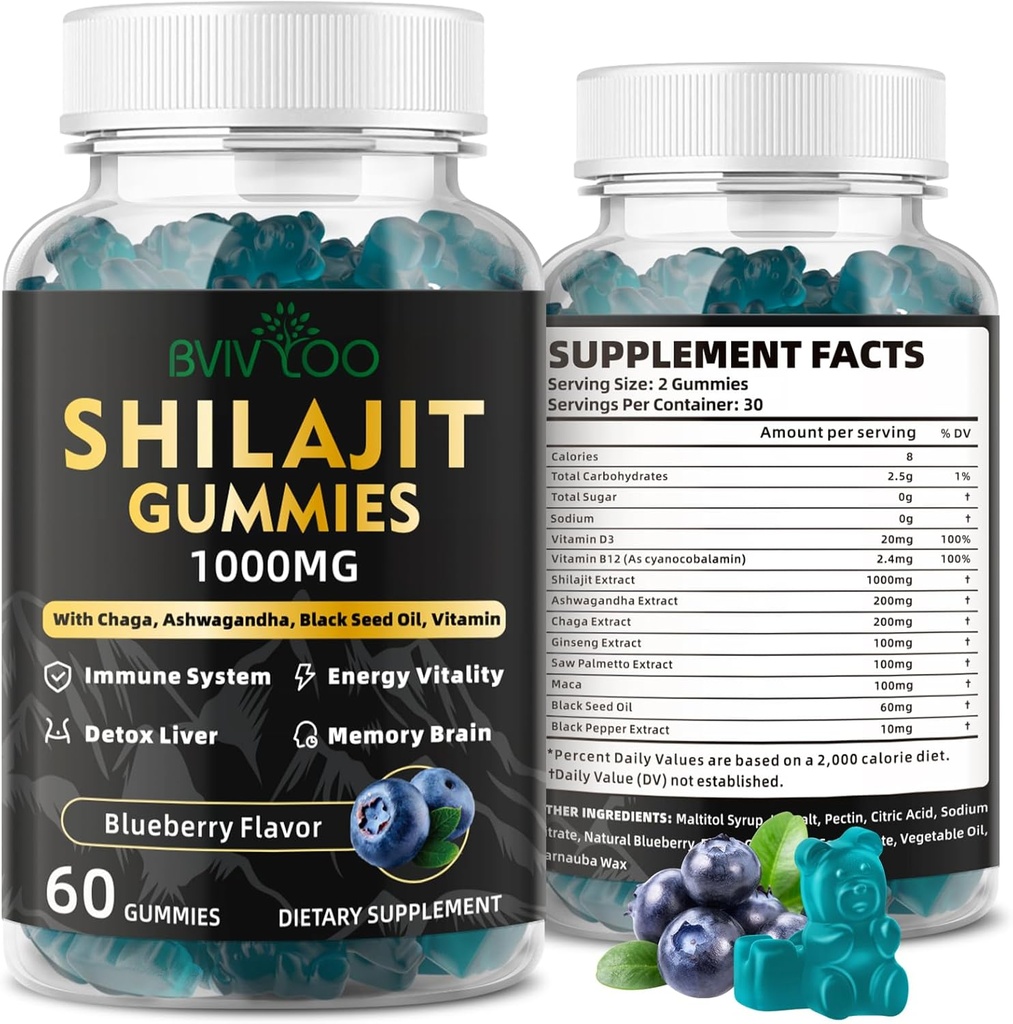 Shilajit Gummies pour les hommes et les femmes - Supplément Shilajit sans sucre Riche en 85+ Trace Minerals & Fulvic Acid, fournir de l'énergie, le cerveau et le soutien immunitaire - 60 Gummies