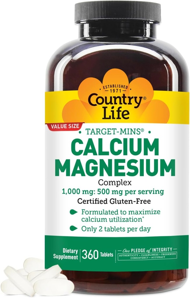 Country Life Cible-Mins Calcium Magnésium Supplément pour la santé osseuse, 1000mg Calcium, 500mg Magnésium, sans gluten, 2:1 Rapport pour une utilisation optimale