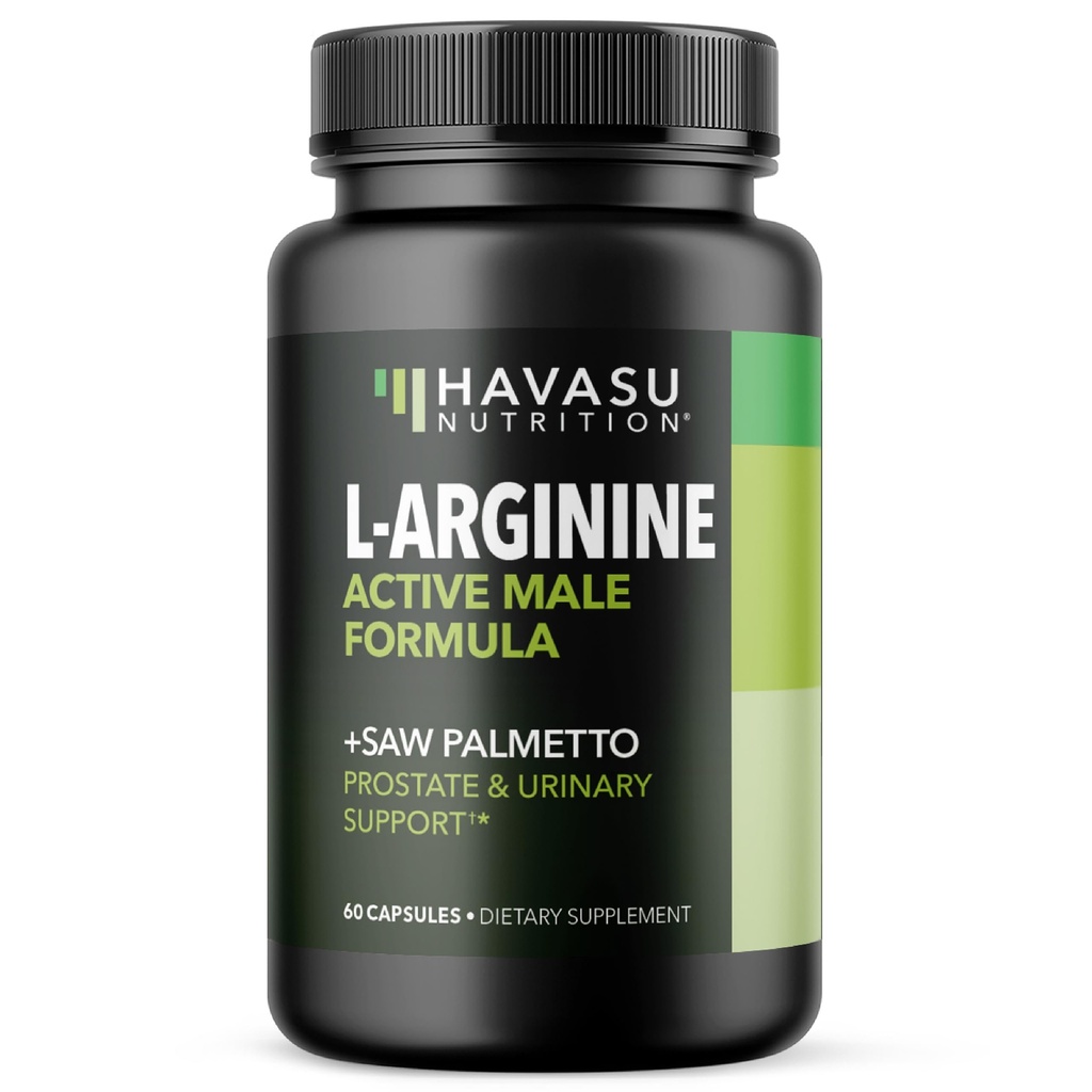 L-Arginine 500mg et Saw Palmetto 500mg - Suppléments de santé à l'oxyde nitrique et à la prostate pour les hommes - 60 Compte - Soutien de la fonction d'endurance et de tract urinaire - 1 mois d'approvisionnement - Capsules Vegan, non OGM
