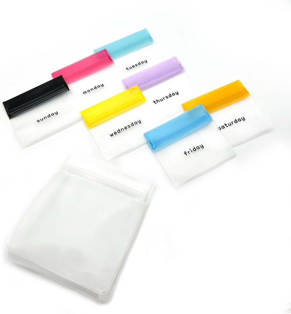 EZY DOSE Ensemble de poche à pilule réutilisable de 7 jours, sacs multi-usages durables, incluant les jours de la semaine étiquettes w/Color pour faciliter l'identification, stockage en silicone, clair, sans BPA, TSA approuvé