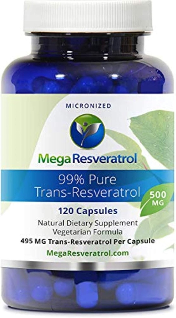 Mega Resvératrol, Pharmaceutique Grade, 99% Pure, Isolé, Micronised Trans-Resveratrol, 120 Veggie Caps, 500mg par gélule. Certificat de pureté. Absolument PAS Toxique --Inactive - Ingrédients ajoutés.