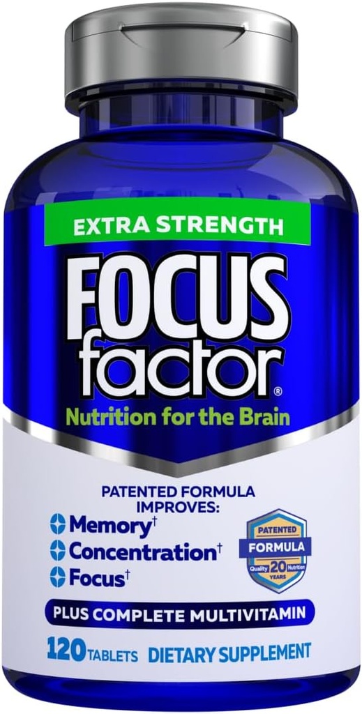 Facteur de focalisation Adultes Extra Force, 120 Compte - Supplément Cerveau pour mémoire, concentration et focus - Multivitamine complète avec DMAE, vitamine D, DHA - Vitamines de santé fiables