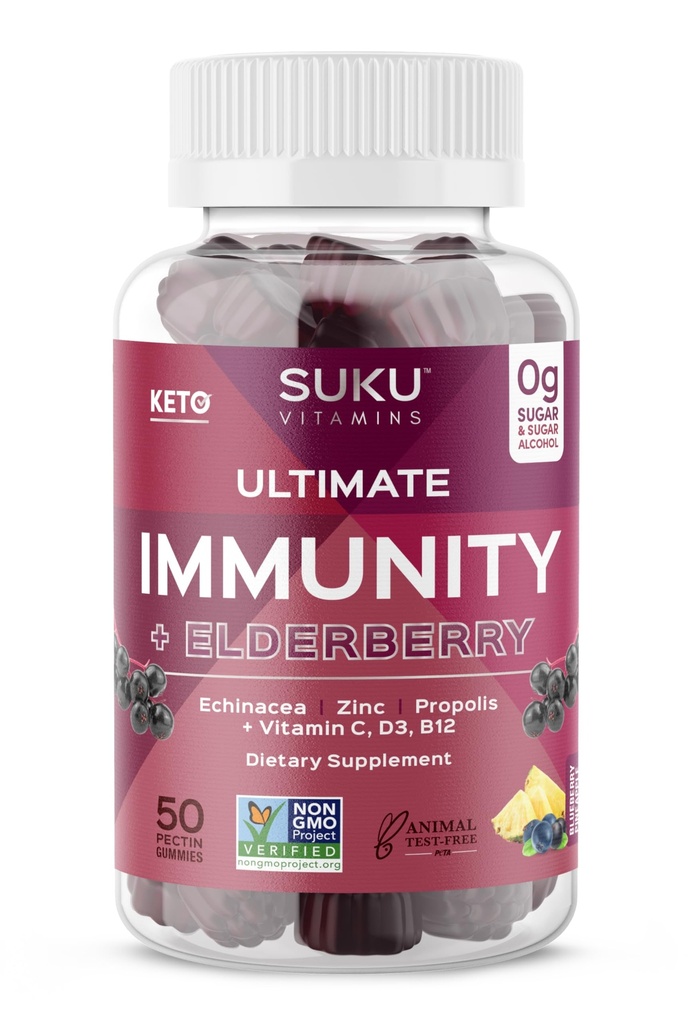 Vitamines SUKU - Immunity Ultimate - Echinacea Elderberry et Gommies Propolis pour le soutien immunitaire, Facile à mâcher - Non OGM, sans sucre gluten - Lime de grenade vitamines Gommy, 50 Compte