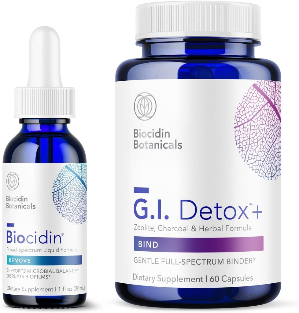 Recherche bio-botanique Formule liquide de biocidin (1 oz) avec IG Detox+ Binder doux - Ensemble de désintoxication à deux produits pour soutenir le nettoyage et la digestion - Aide à l'élimination de la toxines et du biofilm