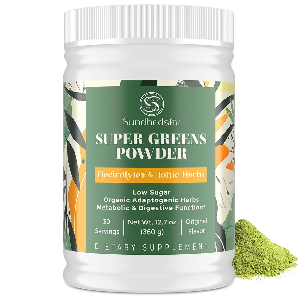 Super Greens Powder Superfood + Electrolytes & Herbes Toniques.Les Verts Biologiques, Shilajit, Adaptogènes, Antioxydants, Préobiotiques & Probiotiques & Postbiotiques.