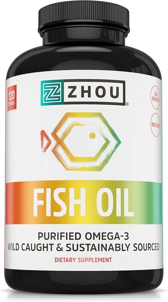 Zhou Huile de poisson - Supplément d'huile de poisson pour les femmes et les hommes, Omega 3 acide gras, source naturelle de DHA & EPA pour les adultes, sans Burpless, pur, coeur et santé articulaire - 120 Softgels