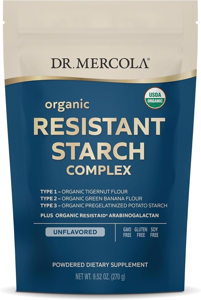 Dr Mercola Complexe d'amidon résistant aux produits biologiques - Soutient la santé Gut & Immune - Banane verte biologique, farine de tigre et amidon de pomme de terre - Sans gluten et sans soja - Sans saveur - 9,52 oz (30 portions)