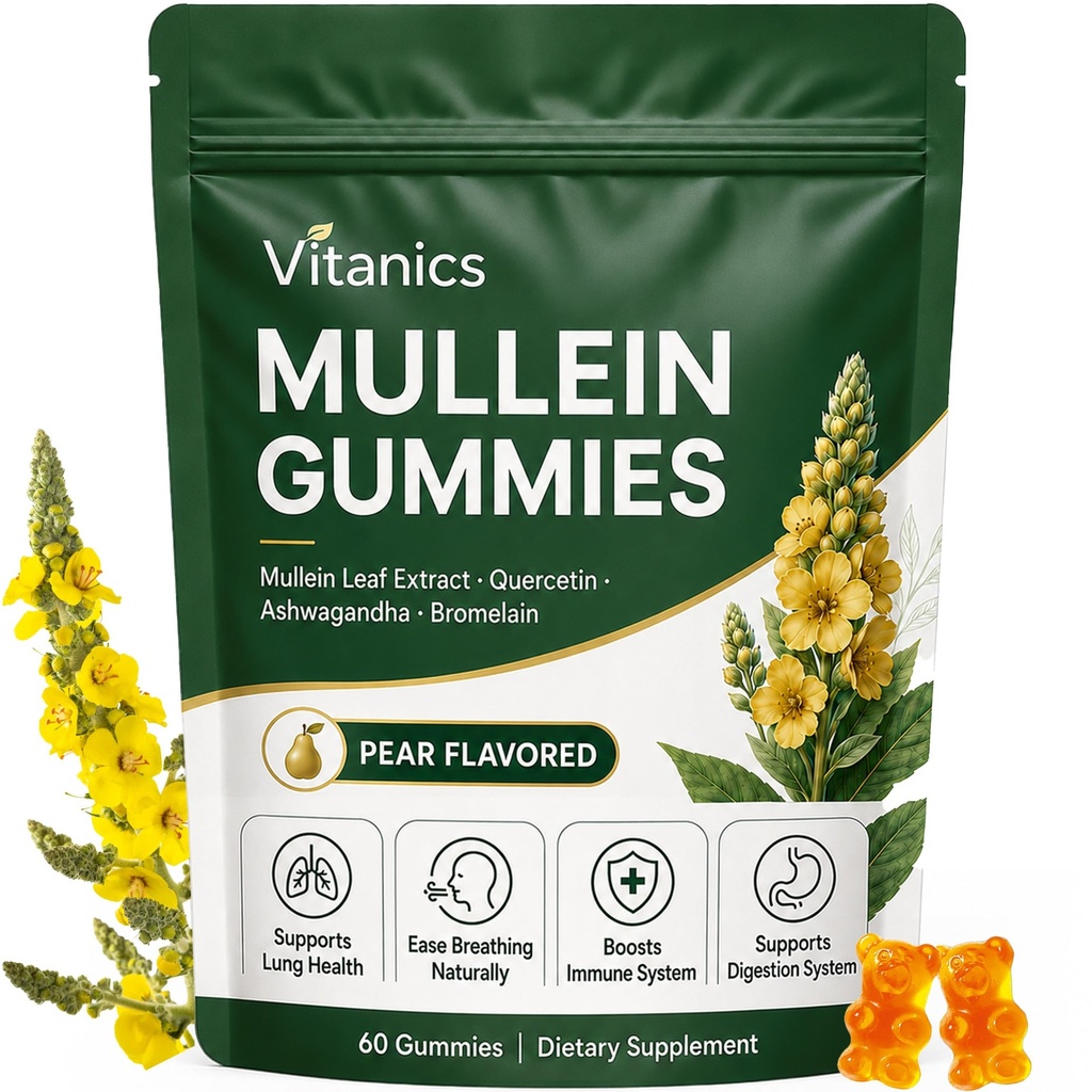 Gummies de Mullein, Gummies de la santé respiratoire quotidienne, 1000mg Extrait d'herbe de Mullein Feuille, Arôme de poire, Santé pulmonaire et soulagement des sinus (30 jours)