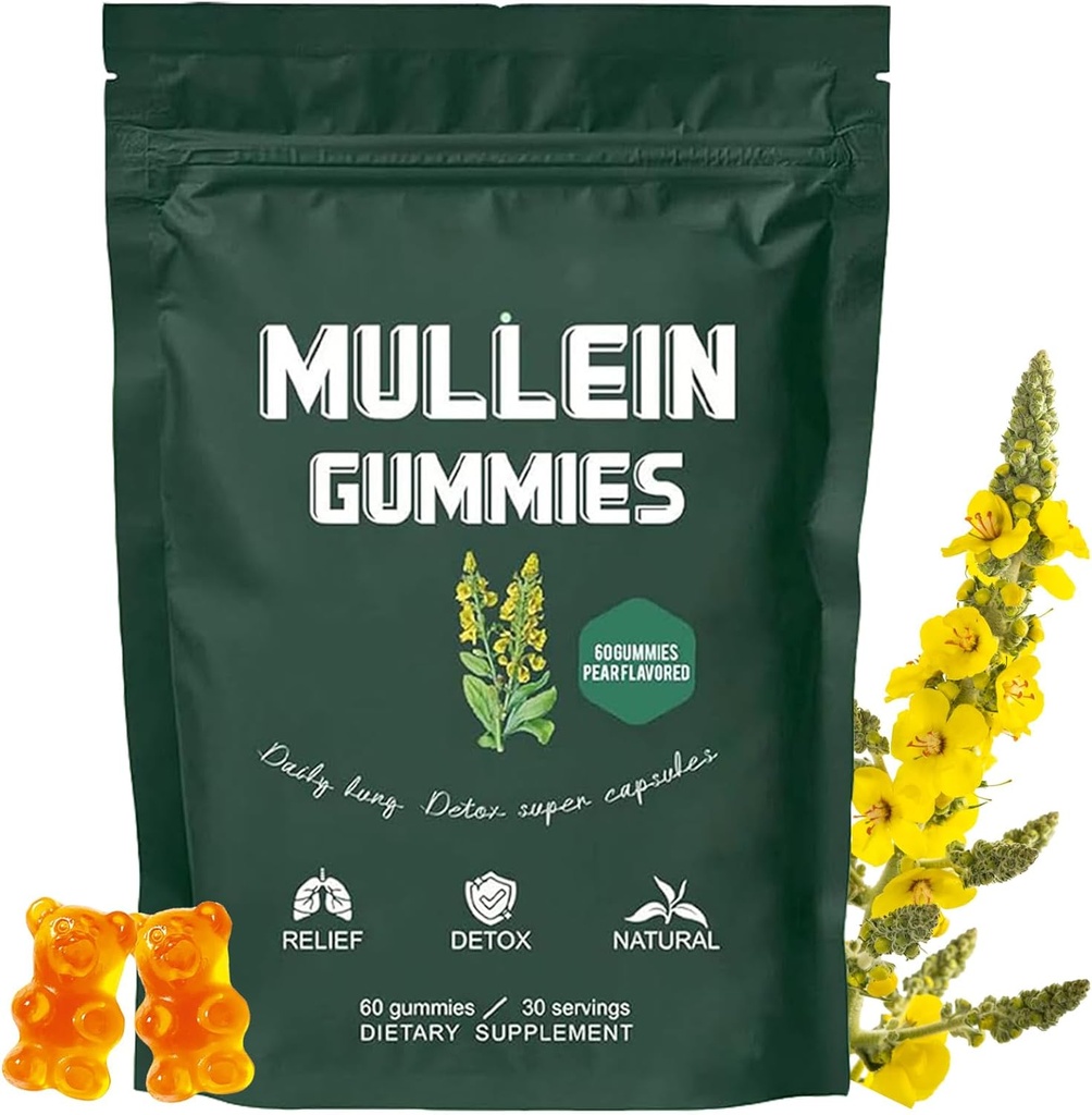 Gummies de Mullein, Gummies de la santé respiratoire quotidienne, 1000mg Extrait d'herbe de Mullein Feuille, Arôme de poire, Santé pulmonaire et soulagement des sinus (30 jours)