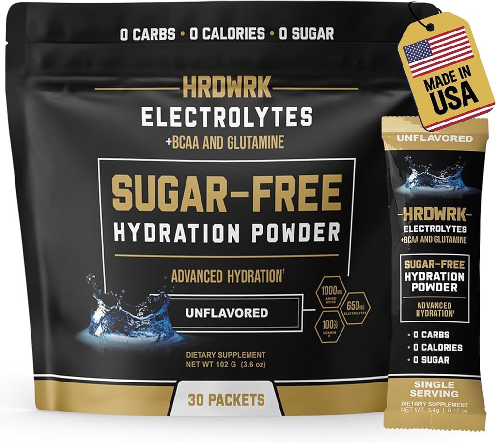HRDWRK Electrolytes Powder Packets avec Magnésium, Potassium Sodium, Kéto Hydratation Packets - BCAA Electrolyte Powder Packets avec Glutamine, 30 Electrolytes Powder Packets sans sucre (non aromatisé)