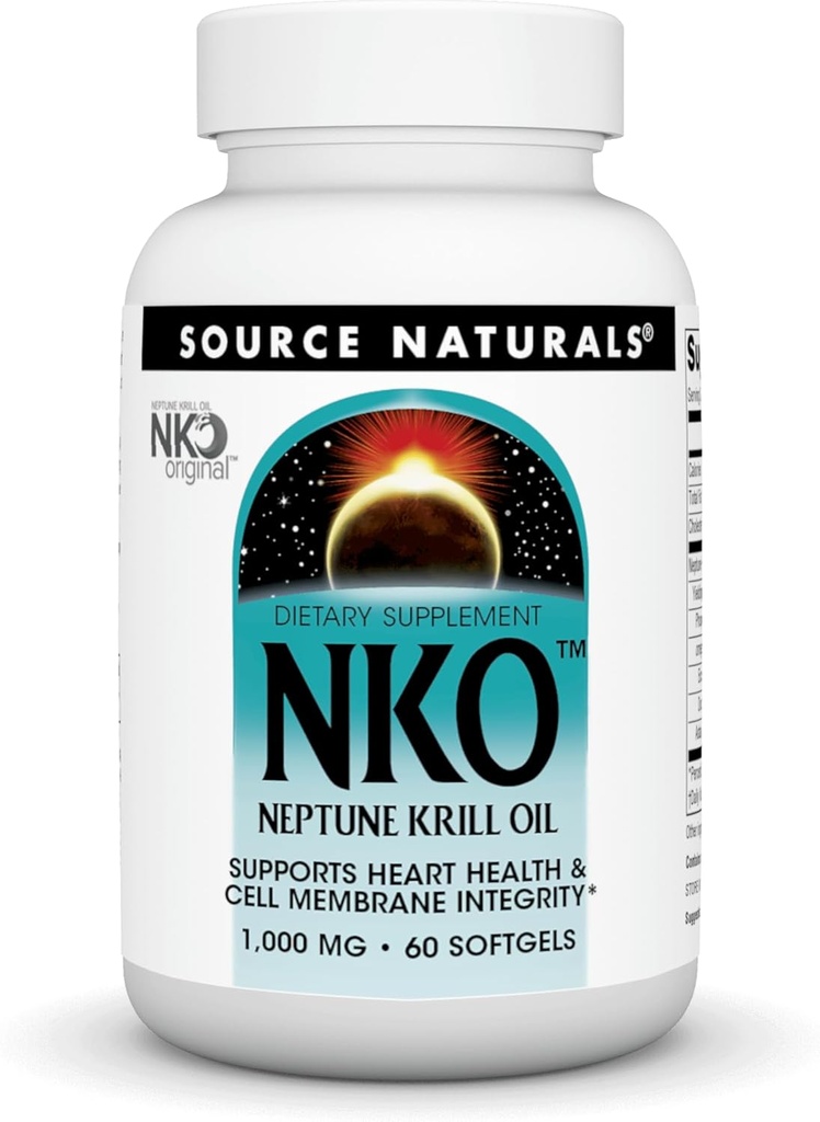 Source Naturals NKO Neptune Krill Oil, soutient la santé cardiaque et l'intégrité de la membrane cellulaire*, 1000 mg - 60 SoftGels