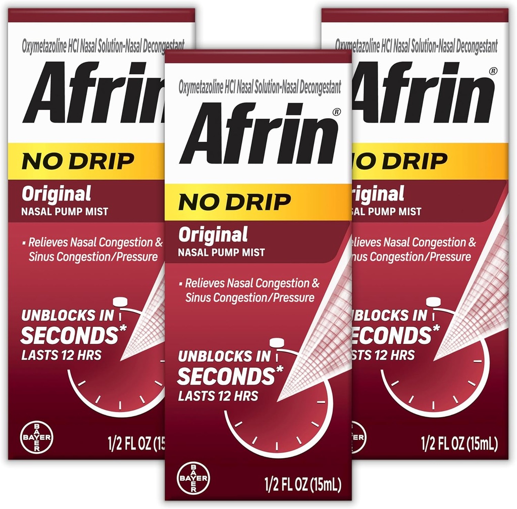 AFRIN No Drip Original Nasal Mist Triple Pack, Non-Drowsy, Dengestant à action rapide pour la congestion nasale et le soulagement de la pression sinusale, Adultes et enfants 6 et plus, .5 fl oz (Pack de 3)