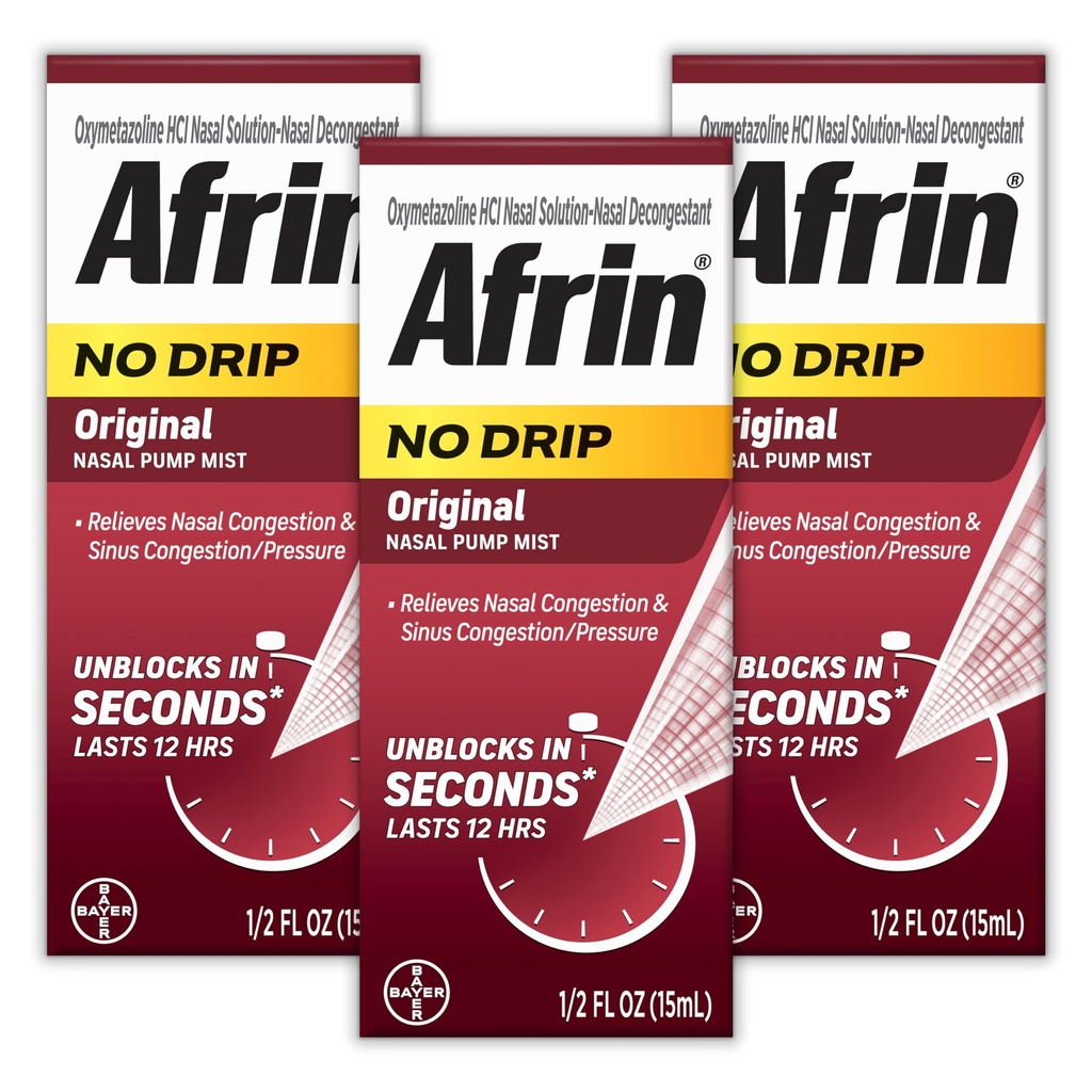 AFRIN No Drip Original Nasal Mist Triple Pack, Non-Drowsy, Dengestant à action rapide pour la congestion nasale et le soulagement de la pression sinusale, Adultes et enfants 6 et plus, .5 fl oz (Pack de 3)