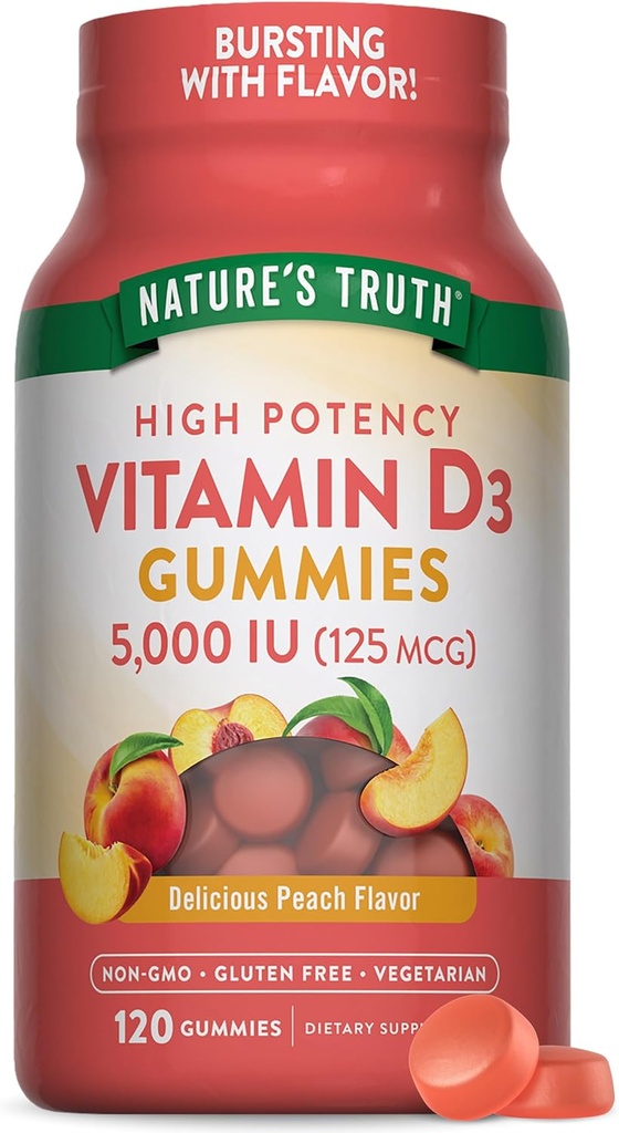 La vérité de la nature Vitamine D3 Gommies de 5000 UI 120 Comte de 120 Végétarien, Supplément sans OGM et sans gluten