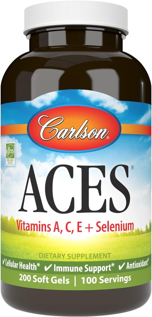 Carlson - ACES, Vitamines A, C, E + Sélénium, Santé cellulaire et immunitaire, Antioxydant, 200 Softgels
