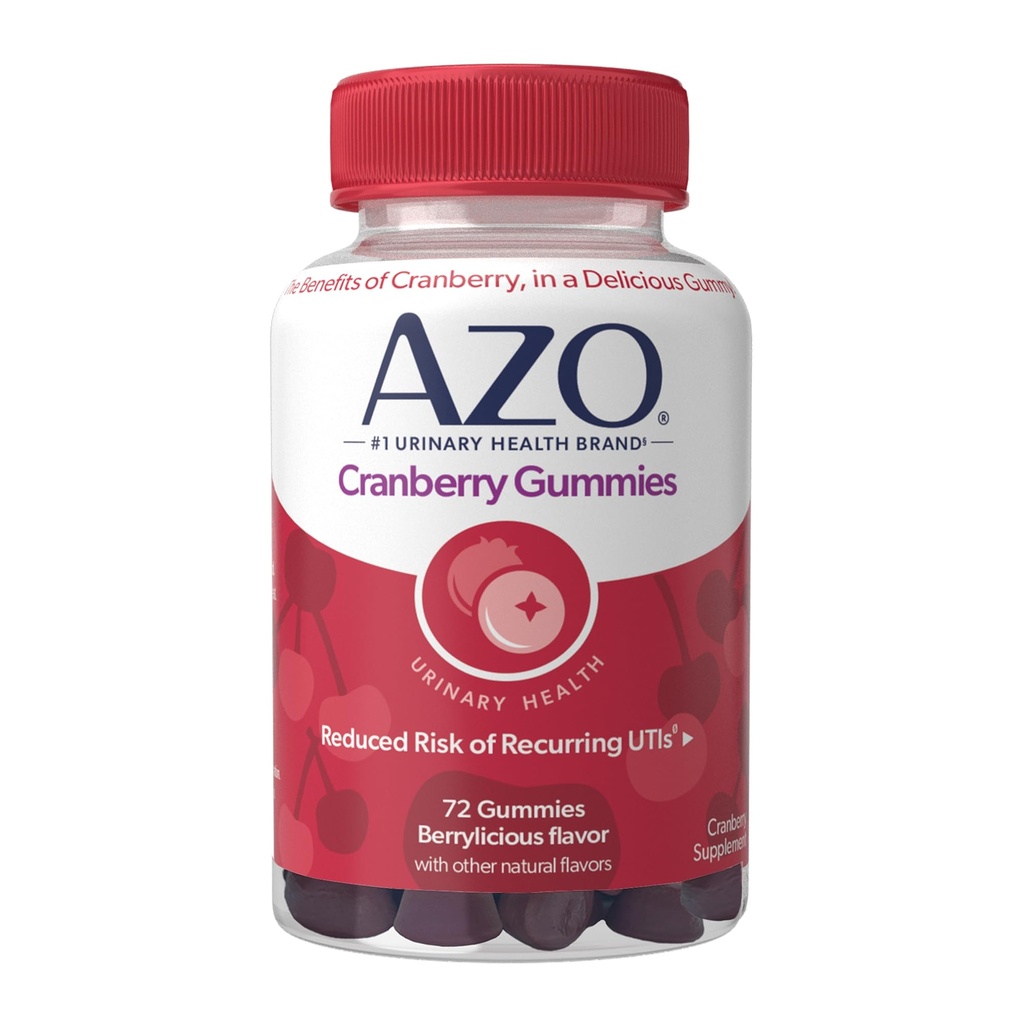 AZO Cranberry Urinary Tract Health Gummies Dietary Supplement, 2 Gummies = 1 verre de jus de canneberge, aide à nettoyer et protéger, saveur naturelle Berrylicious, non-OGM, 72 Gummies