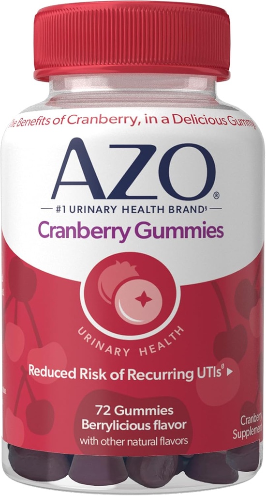 AZO Cranberry Urinary Tract Health Gummies Dietary Supplement, 2 Gummies = 1 verre de jus de canneberge, aide à nettoyer et protéger, saveur naturelle Berrylicious, non-OGM, 72 Gummies