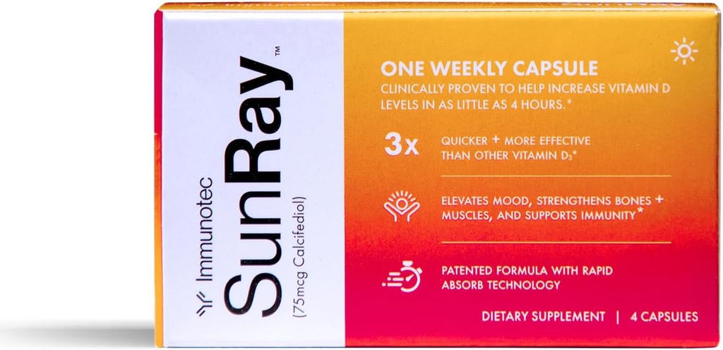 Immunotec Sunray – Calcifediol 75 mcg – Forme avancée de vitamine D – Dose une fois par semaine – Absorption supérieure - Agissant rapidement