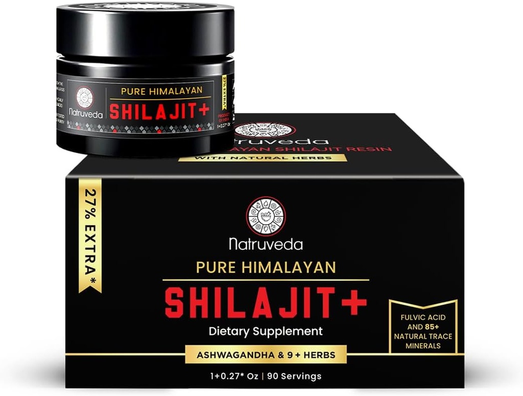 Résine Shilajit Himalayan pour hommes et femmes - Chilajit biologique, acide fulvic et 85+ minéraux traces naturels - Résine de thé alimentaire ayurvédique, 10 ingrédients naturels f - 90 portions, 1,27oz