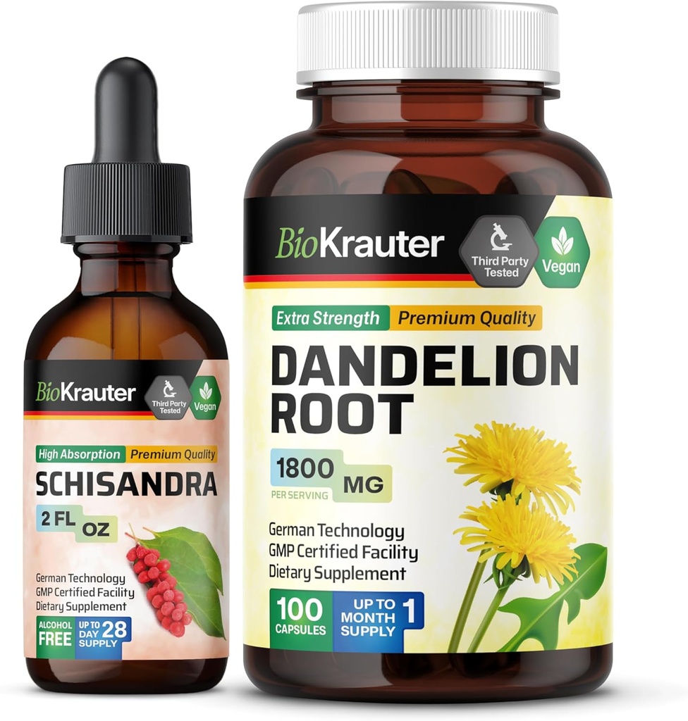 BIO KRAUTER Schisandra Tincture 2 Fl. Oz. & Dandelion 100 Capsules