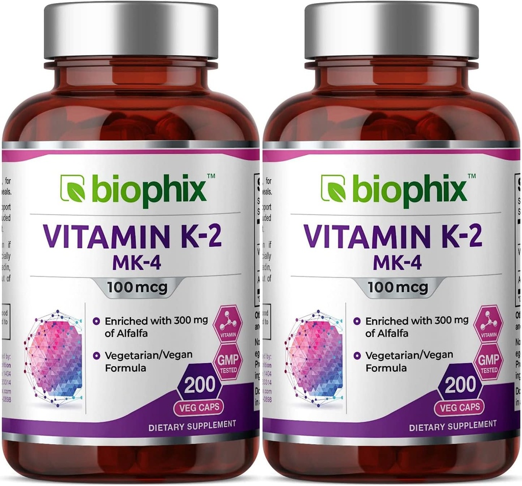 biophix Vitamine K2 MK-4-100 mcg 200 Caps avec Alfalfa 2 Pack - Soutient la santé immunitaire des os forts
