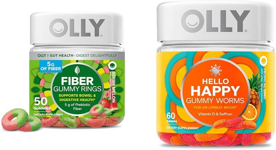 Anneaux Gummy en fibre OLLY Fiber, 5g Fibre prébiotique, FOS (Fructo-oligosaccharides), Soutien digestif et Bonjour Happy Gummy Worms, Soutien de l'équilibre d'humeur, Vitamine D, Safran, Supplément à croquer pour adultes