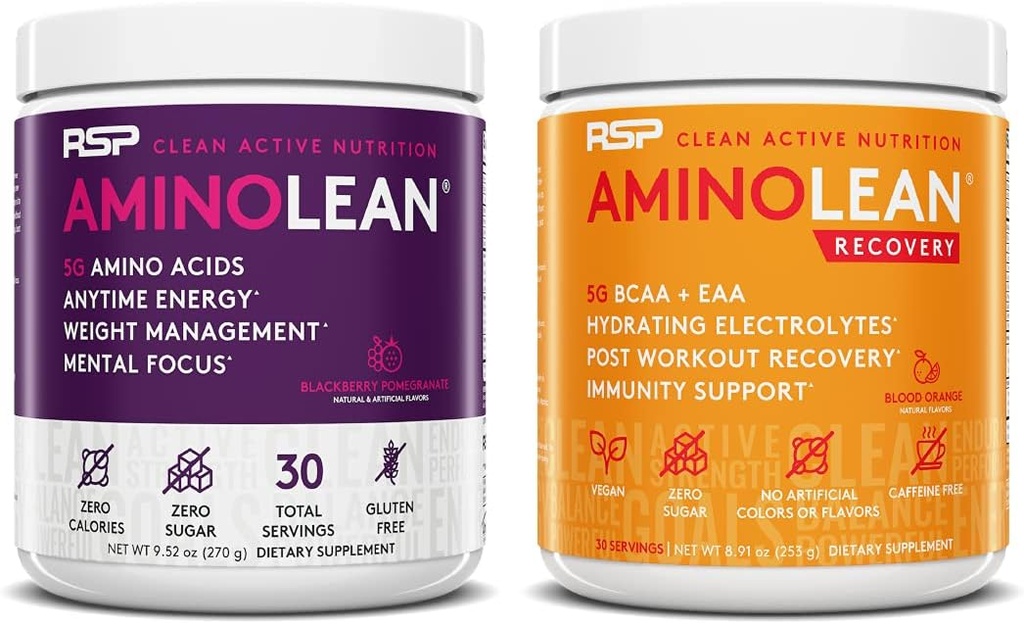 RSP NUTRITION AminoLean Énergie de pré-entraînement (BlackBerry grenade 30 portions) avec AminoLean Recovery Post Workout Boost (Blood Orange 30 portions)