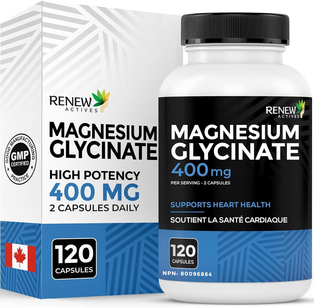 ACTIFS DE RENOUVELLEMENT Glycinate de magnésium 400MG par 2 capsules Bisglycinate de magnésium pur pour la relaxation corporelle complète, le sommeil, les muscles, les os et l'énergie - Balance électrolytique - Fabriqué au Canada -120 capsules