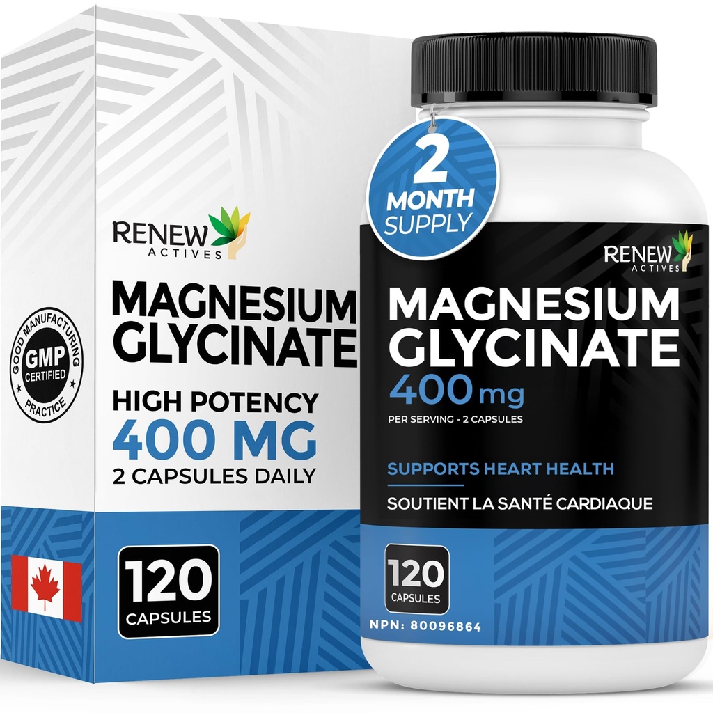 ACTIFS DE RENOUVELLEMENT Glycinate de magnésium 400MG par 2 capsules Bisglycinate de magnésium pur pour la relaxation corporelle complète, le sommeil, les muscles, les os et l'énergie - Balance électrolytique - Fabriqué au Canada -120 capsules