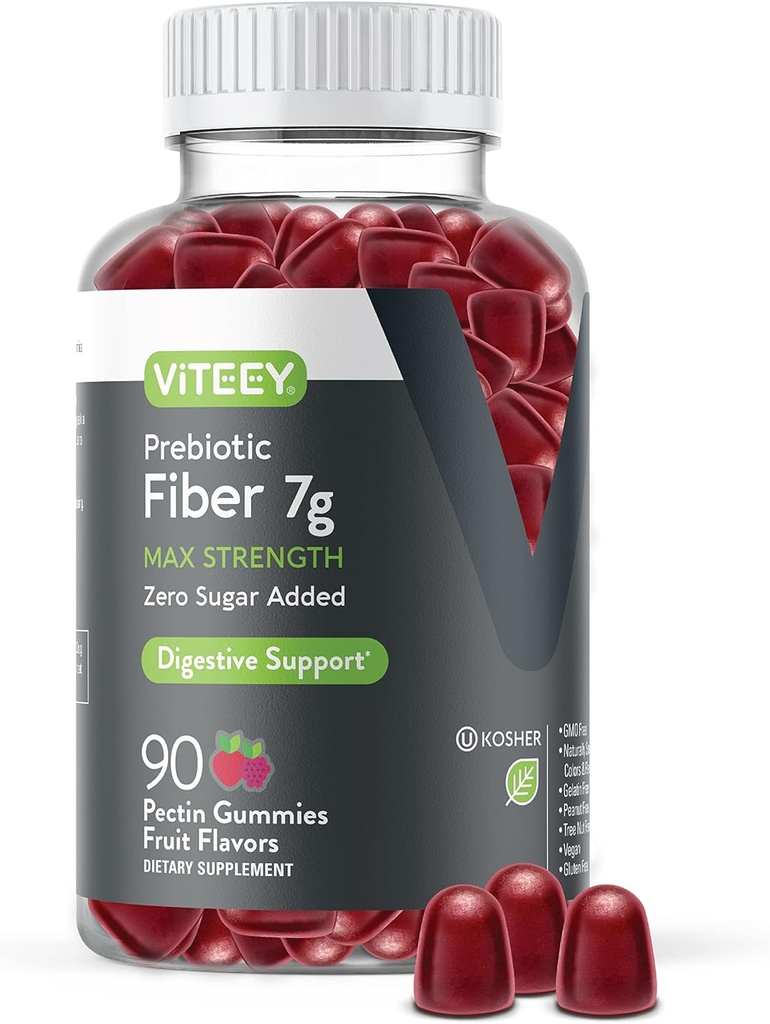 Gommies de fibre prébiotique Viteey pour adultes, 7g - Gummes de supplément de fibre soluble Gut santé et digestif - Zéro sucre ajouté, végétalien, sans gluten - 90 Compte