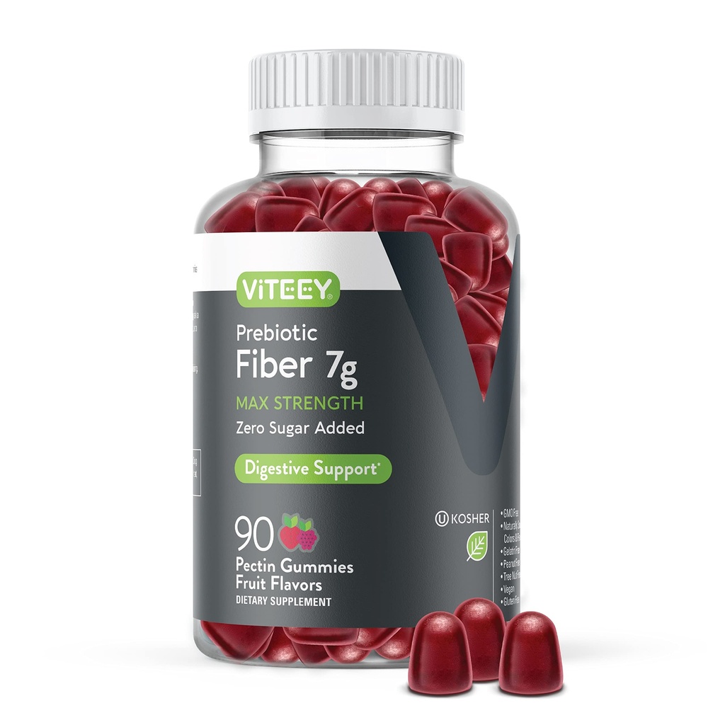 Gommies de fibre prébiotique Viteey pour adultes, 7g - Gummes de supplément de fibre soluble Gut santé et digestif - Zéro sucre ajouté, végétalien, sans gluten - 90 Compte