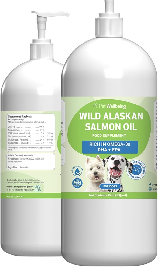 Animaux de compagnie Bien-être Huile de saumon sauvage de l'Alaska pour chiens - Huile de poisson Oméga-3 obtenue à froid et destinée à la santé de la peau et de la fourrure, mobilité et force articulaires - EPA, DHA - 16 fl oz (473 ml)