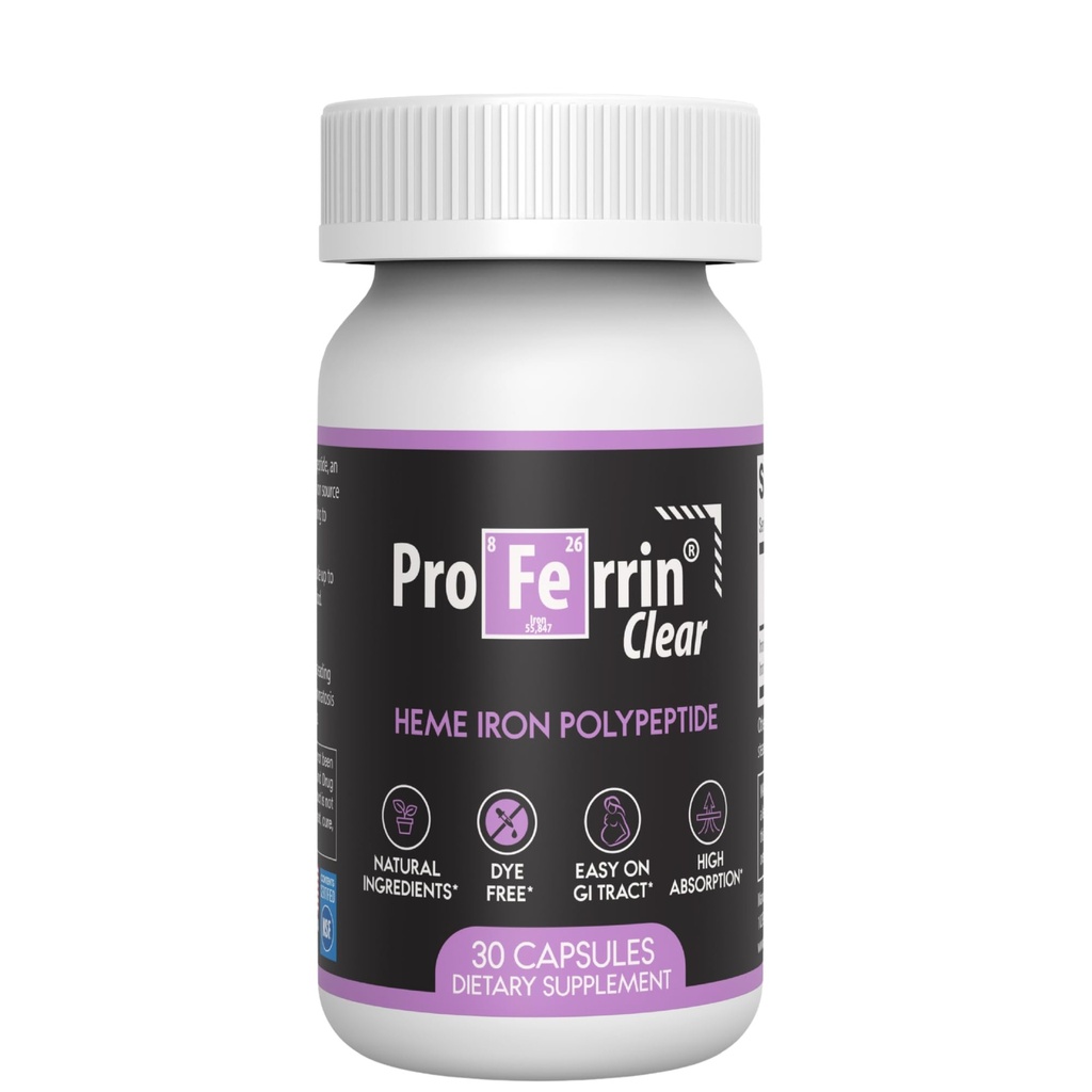 Proferrin Clear 30ct-US Fabriqué en fer heme pour haute absorption, facile sur GI Tract-US naturel, certifié NSF, colorant gratuit
