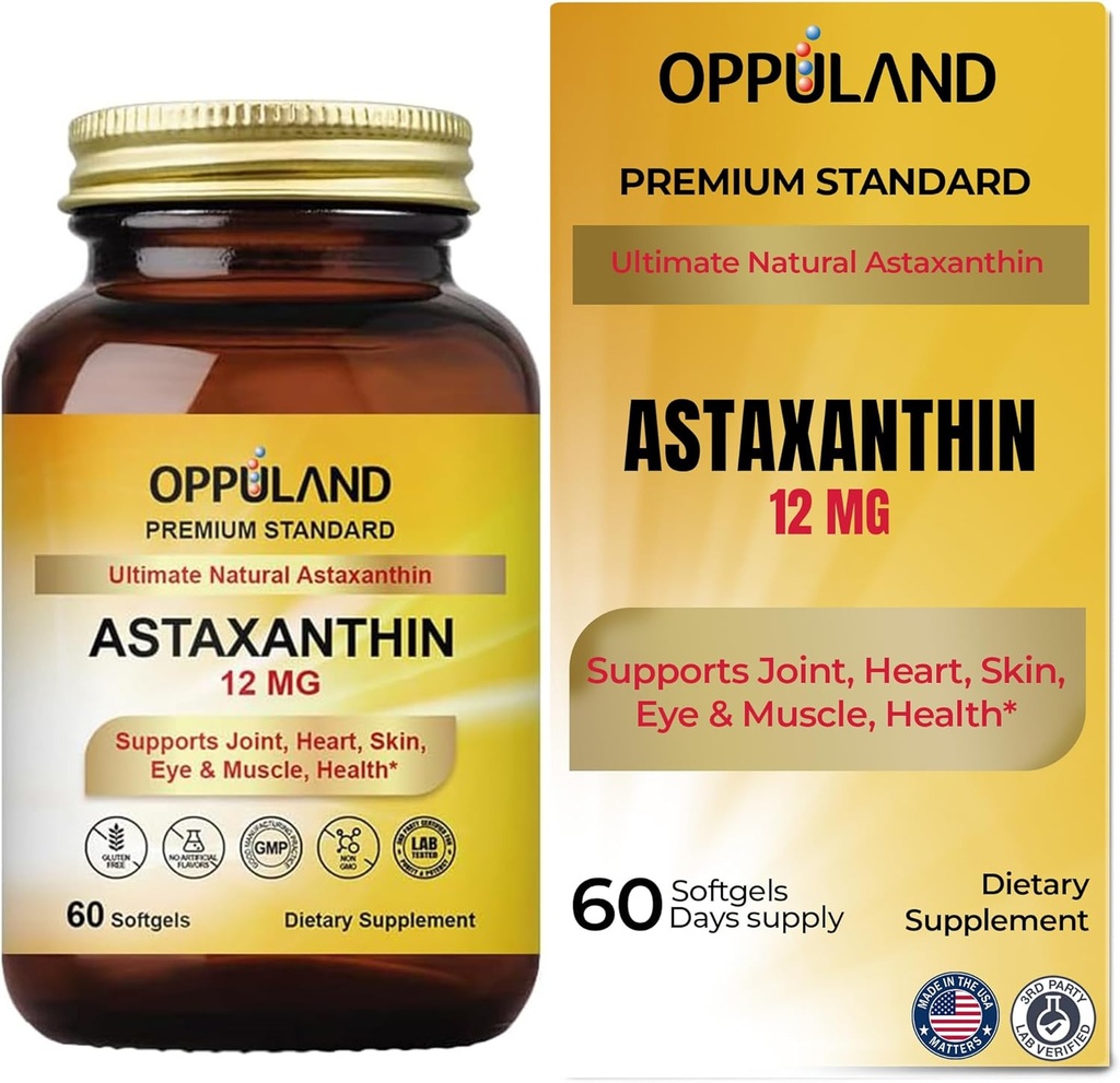 Astaxanthine 12mg.60 Softgels soutient la santé articulaire, cardiaque, cutanée et musculaire