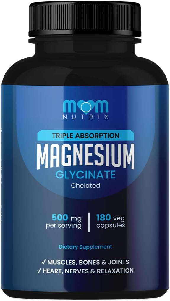 Magnésium Glycinate - 500 mg Triple d'absorption chélatée Magnésium - Heart, Bones, Joints Support - Calme et Relax- 180 Capsules