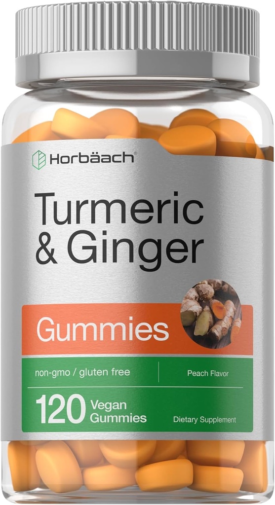 Horbäach Gummies curcuma et gingembre $ 120 Comte $ Peach Flavor $ Vegan Non-OGM & Supplément sans gluten