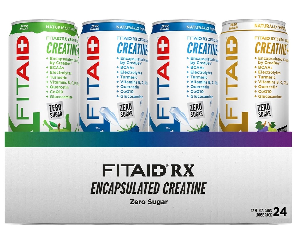 FITAID RX Zéro sucre, encapsulé créatine, boisson de récupération d'entraînement, mélange tout-en-un, BCAAs, glucosamine, curcuma, complexe B, électrolytes, lot de variétés, 12 Fl Oz (paquet de 24)