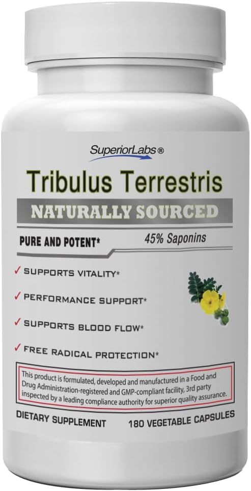 Superior Labs - Tribulus Terrestris - Support de performance et bloqueur de cortisol avec 45% de saponines, haute puissance et pur 1500mg Posologie, 180 bouchons de légumes - soutient la vitalité - avec ajouté BioPerine®
